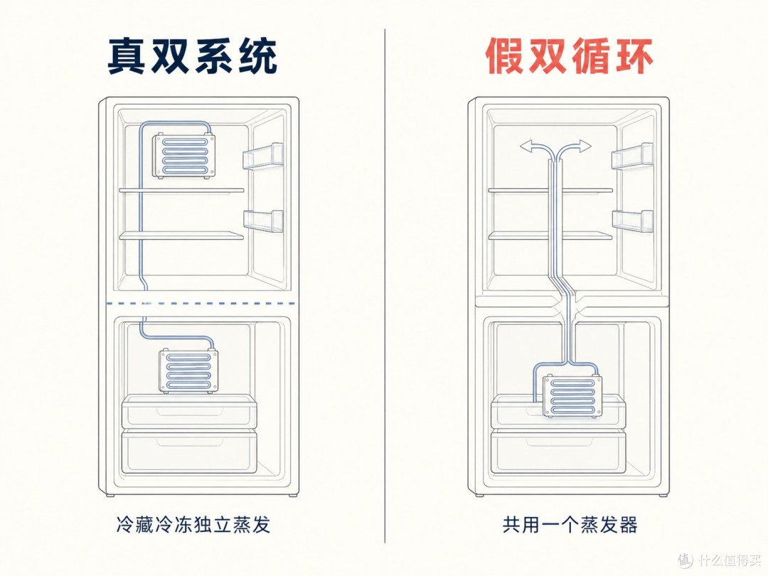 都叫"双循环"，左边冷藏冷冻各一个蒸发器真独立，右边共用一个蒸发器只是双风道——放半颗榴莲，三天后冻肉还是榴莲味。