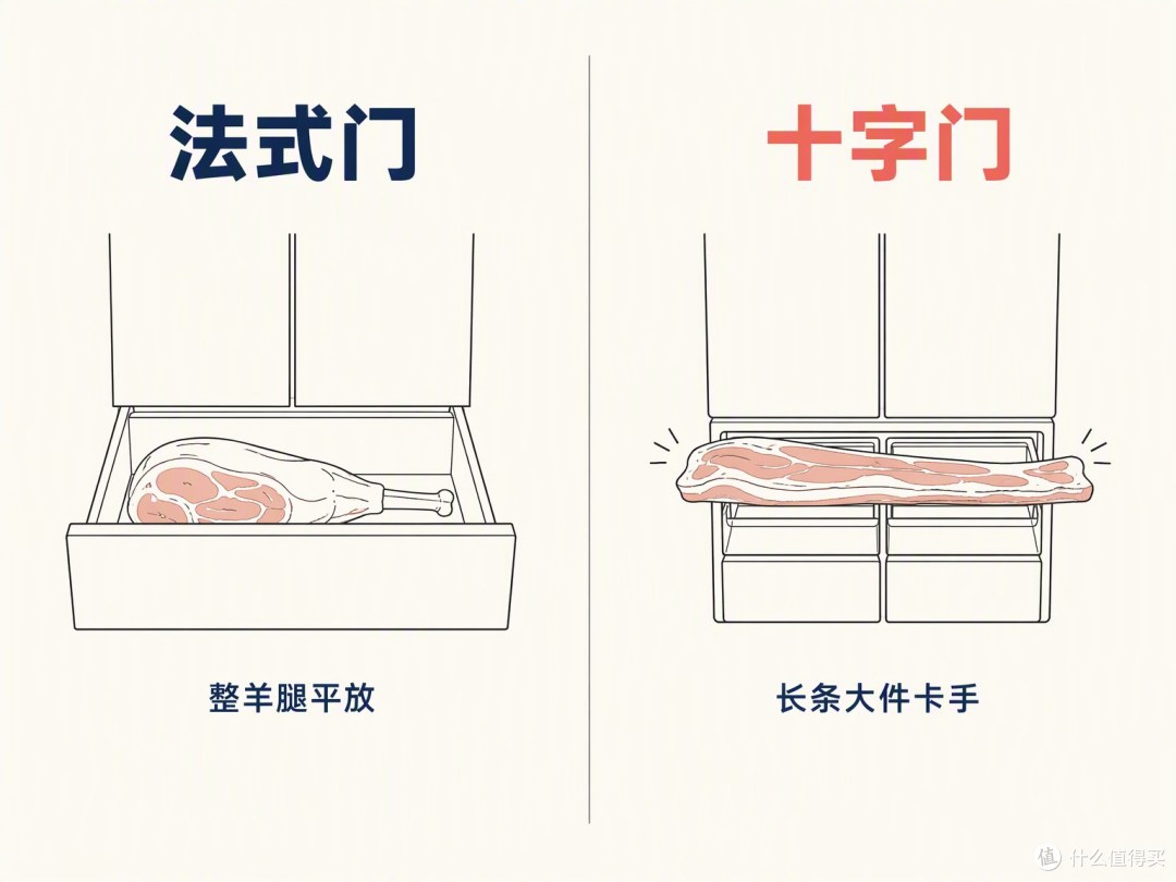 法式门下面是大抽屉，整只羊腿能平放；十字门下面分格，长条大件就卡手。这是结构差异，不是配置高低