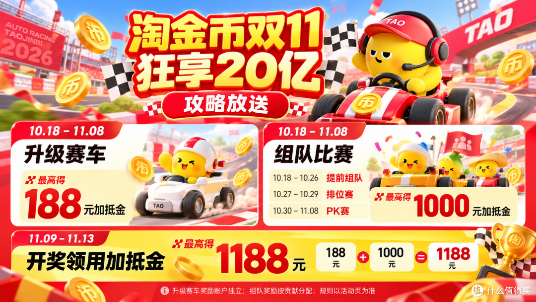 淘金币双11狂享20亿全攻略:组队PK车队最高赢1000元加抵金
