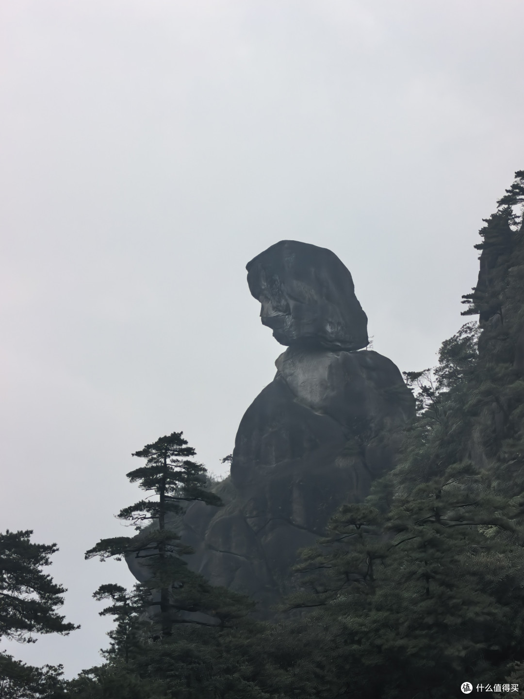 这里就是三清山的东方女神，高约 86 米。巨石经过长期风化，轮廓很像一位长发披肩、端坐山巅的女子，旁边的几棵松树也像捧在手中的盆景。这里与“巨蟒出山”并列为三清山最经典的景观。
