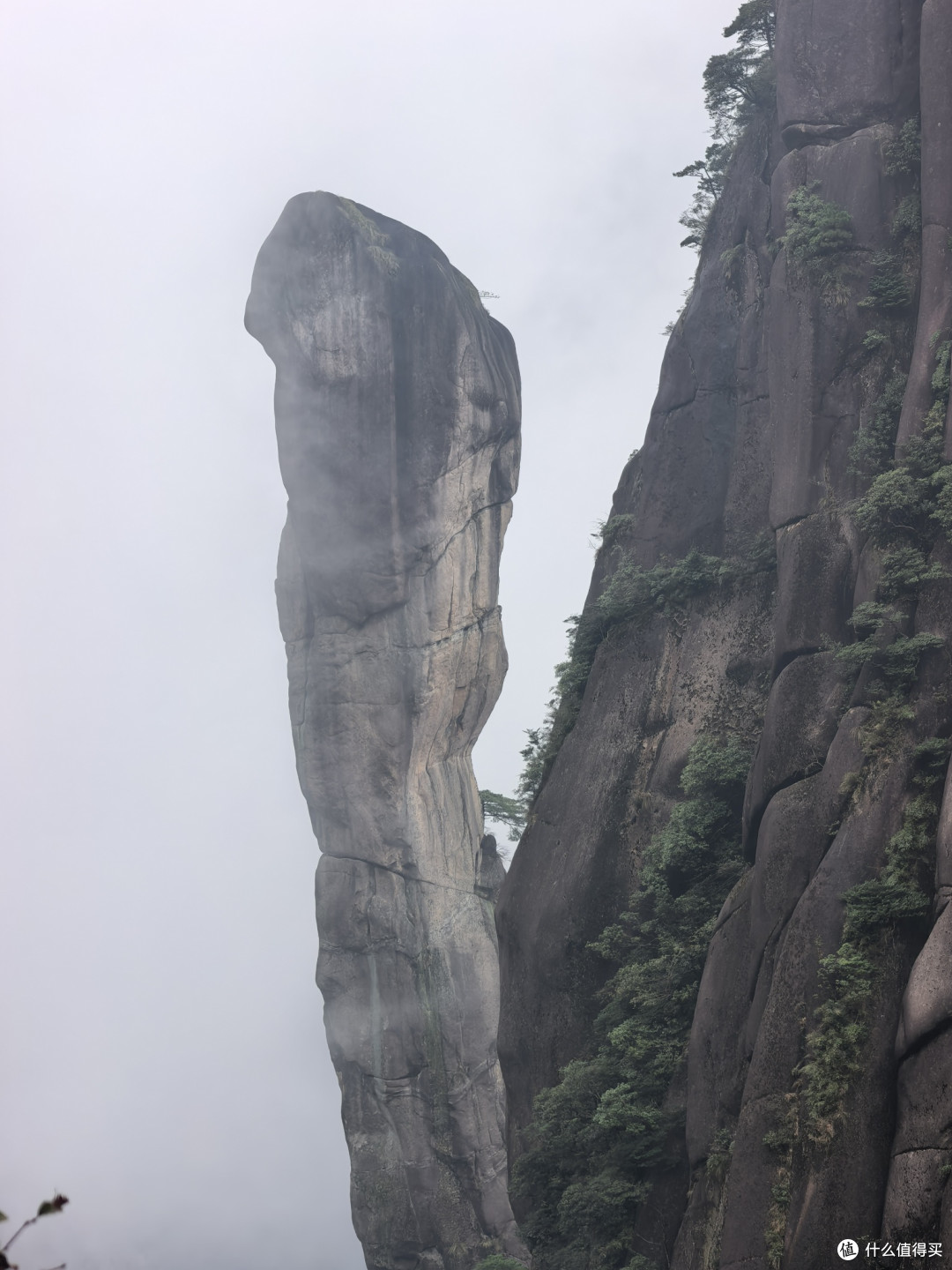 这就是三清山志性景观——巨蟒出山。 它是一根巨型花岗岩石柱，垂直高度约 128 米，最细处直径不到 7 米。云雾从石柱下半截升起，让整座峰像悬在半空，也强化了“巨蟒破山而出”的感觉。