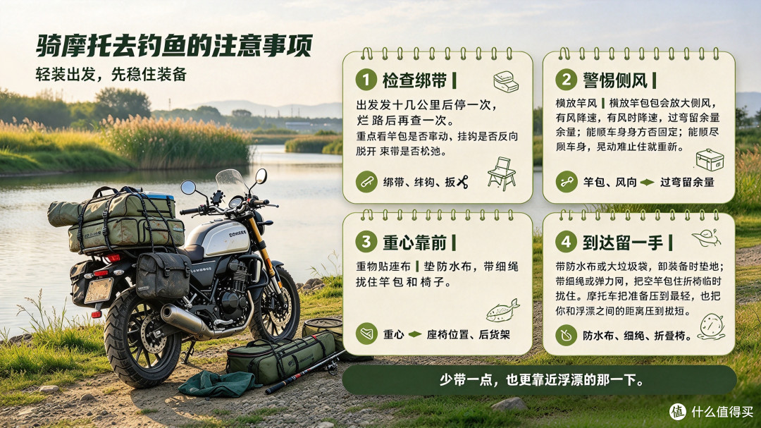 钓鱼别开车了!骑摩托台钓省油、离水近、后座一绑就走,精简钓鱼