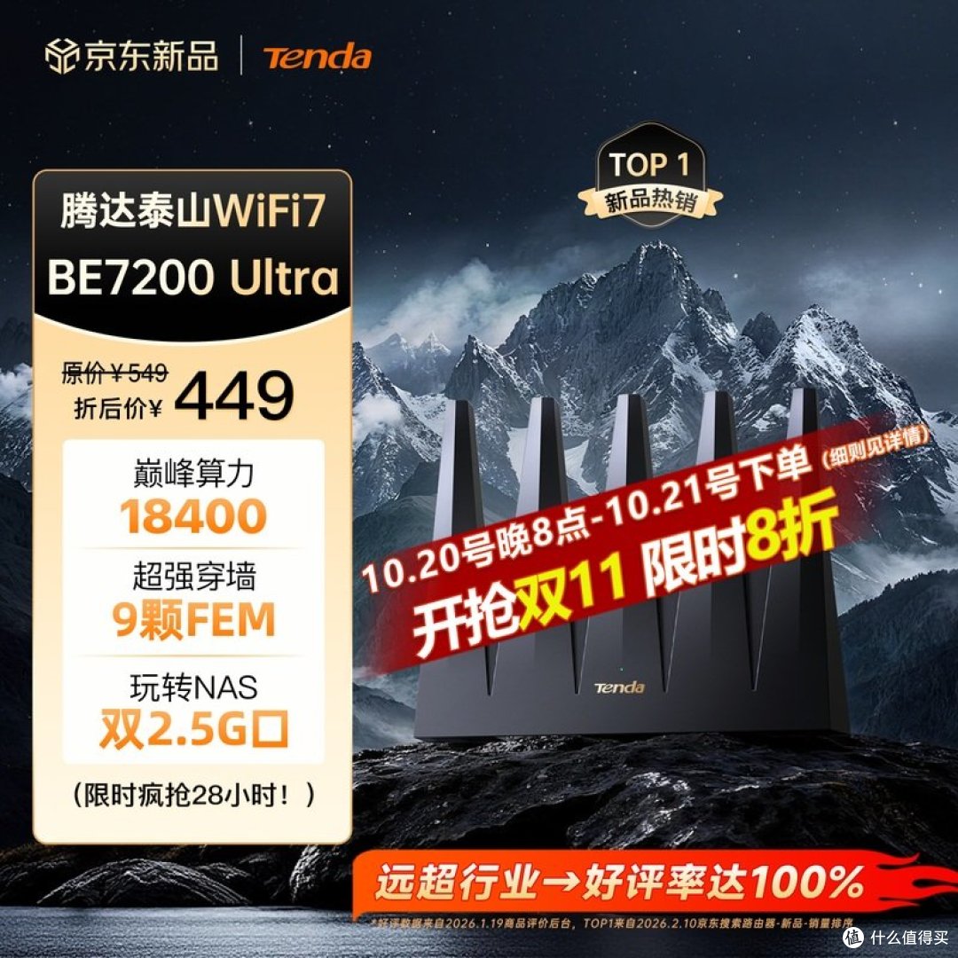 腾达泰山 BE7200 Ultra 官方商品图（图内印原价 549 折后 449、双11 限时 8 折；18400 算力 / 9 颗 FEM / 双 2.5G 口）