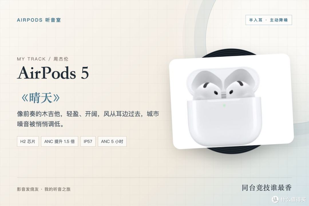 AirPods 5 配《晴天》：开阔轻盈，ANC 让风声退半步。