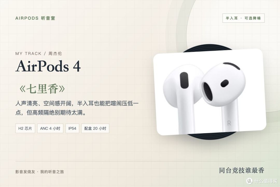 AirPods 4 配《七里香》：清爽人声和空间感，多一点安静。