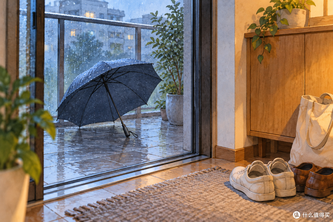 雨后晾伞场景｜AI场景插画，非商品实拍