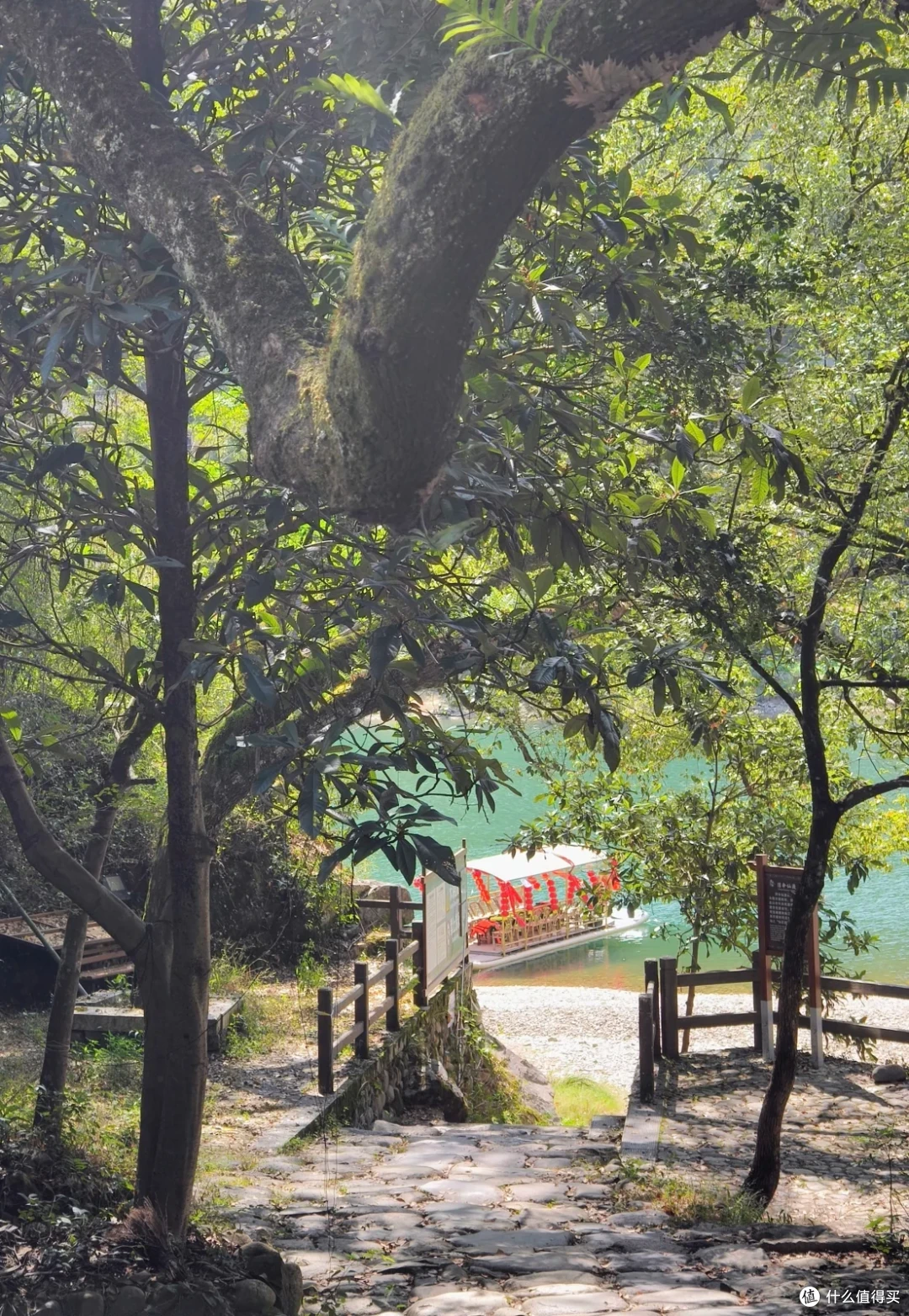 林间石阶通向溪边，尽头泊着挂红灯笼的竹筏