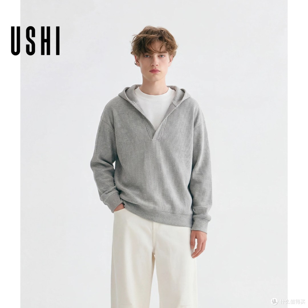 自带叠穿感!USHI 悠时男士假两件连帽长袖,简约耐看