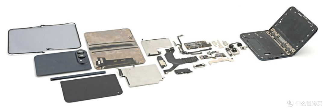 完全拆解后的零件全景，屏幕模组、电池、主板与铰链分列在一处。图源：iFixit 官方拆解