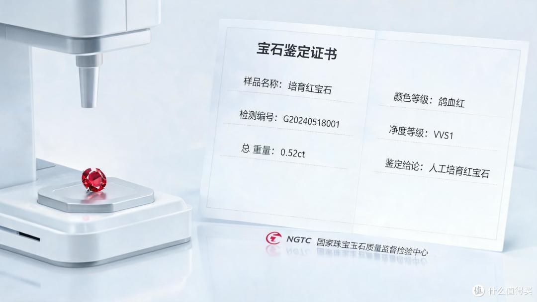 一颗红色培育红宝石放在白色检测仪器的样品台上