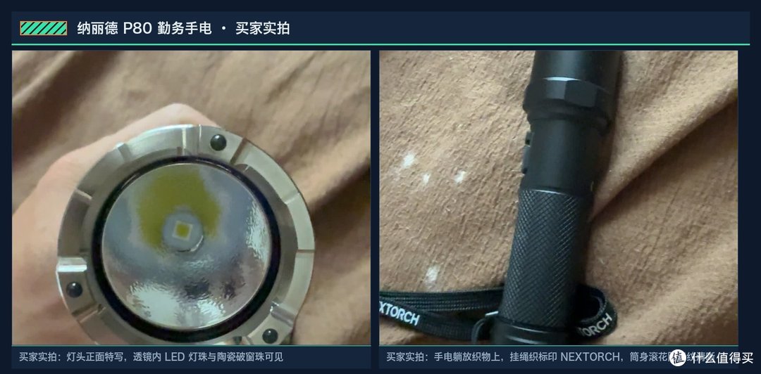 纳丽德 P80 买家实拍：左为灯头正面特写，透镜内 LED 灯珠与陶瓷破窗珠可见；右为手电躺放织物上，挂绳织标印 NEXTORCH、筒身滚花防滑纹清晰