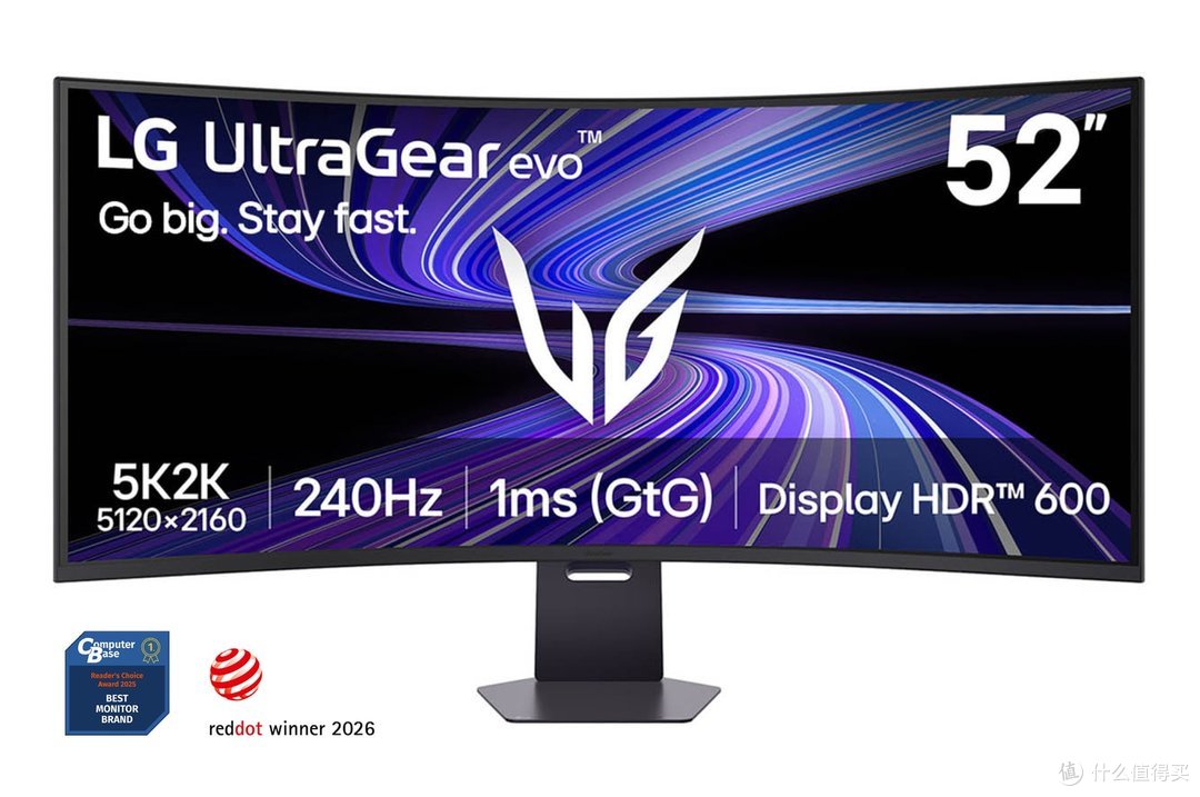 52G930B官方渲染：正面全览，屏显5K2K、240Hz、1ms与DisplayHDR 600规格（LG官方图）