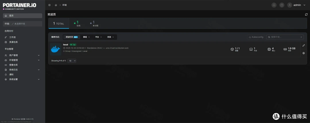 Portainer 中文版欢迎页，local 为 Up，Standalone 29.8.2，套接字 unix:///var/run/docker.sock，1/1 容器、1 堆栈、4 核心、1.9 GB 内存
