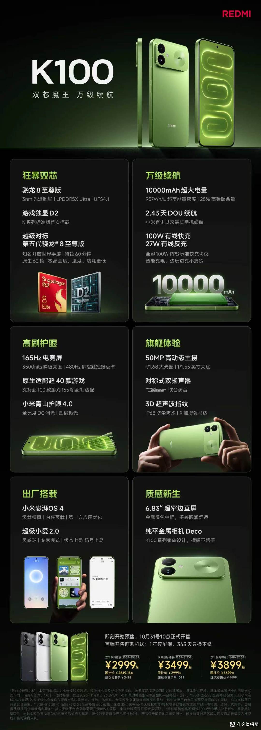 REDMI K100 发布：骁龙8至尊版+10000mAh 电池，3499 元起售
