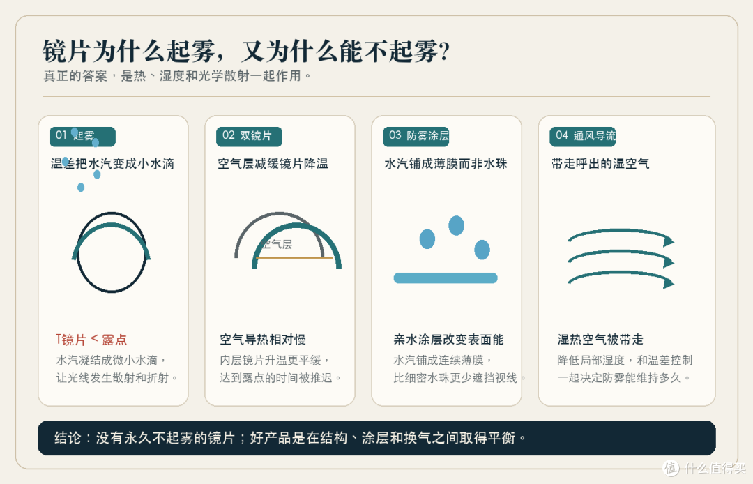 镜片起雾与防雾机制示意