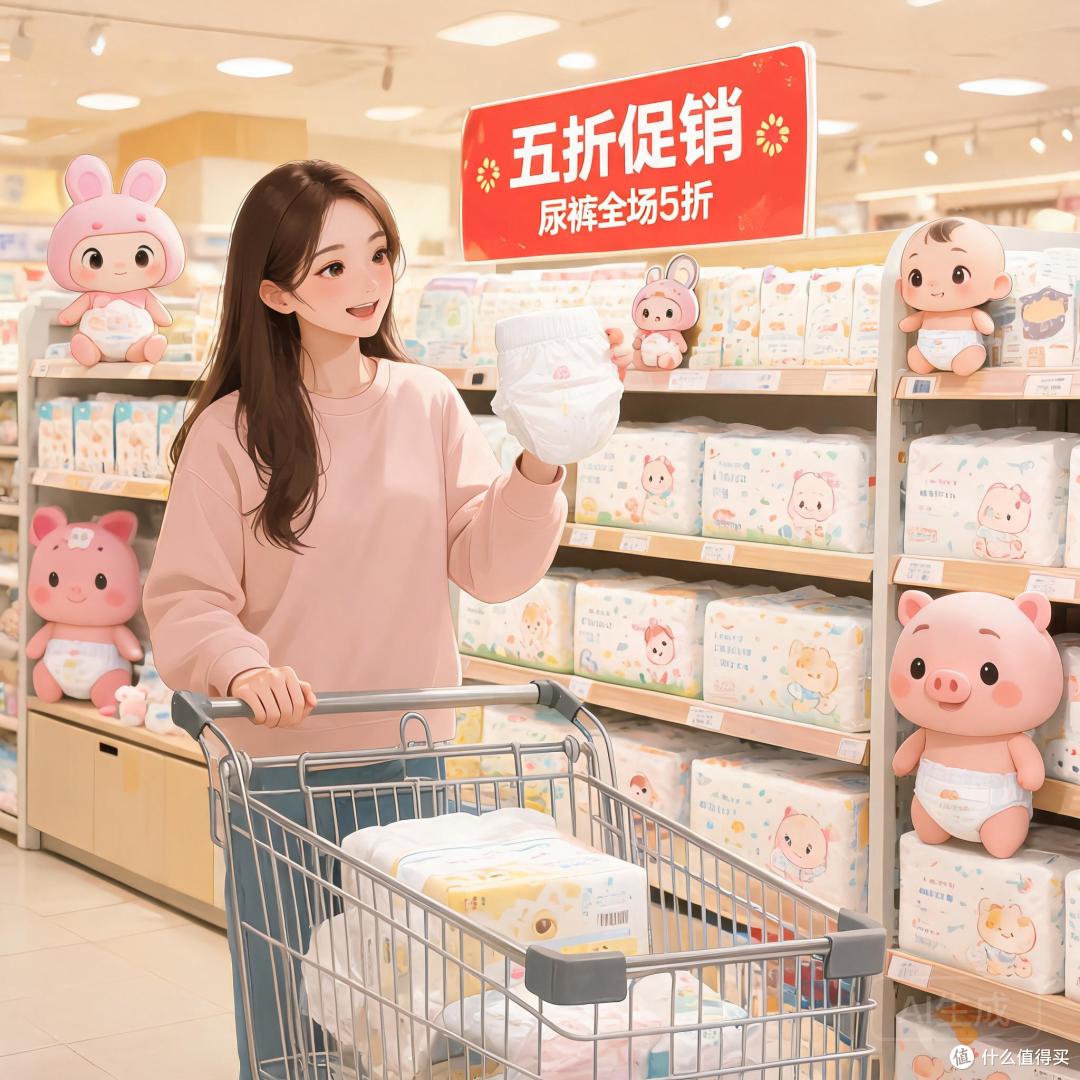 购物车旁妈妈拿起盛夏光年纸尿裤，尿裤区有五折标志。