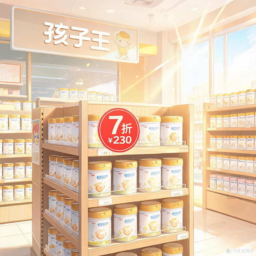 货架上的爱他美奶粉罐贴着醒目七折标签，价格显示230元。