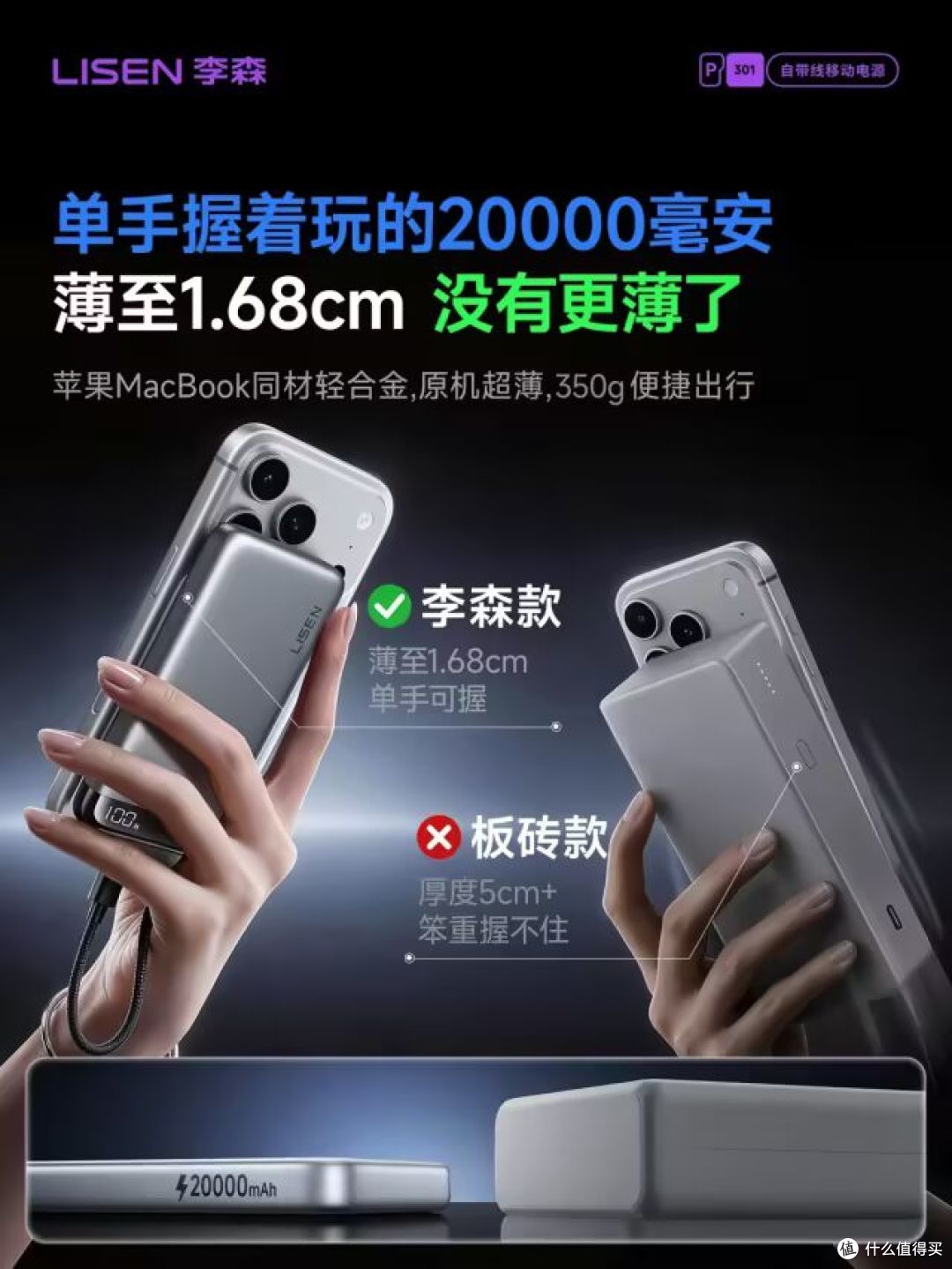 约3折李森P301Pro :99新2万毫安55W自带线充电宝