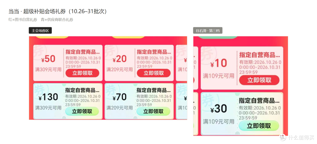 当当·超级补贴会场礼券（10.26–31批次）券区实拍：红=图书自营礼券，青=供应商联合礼券