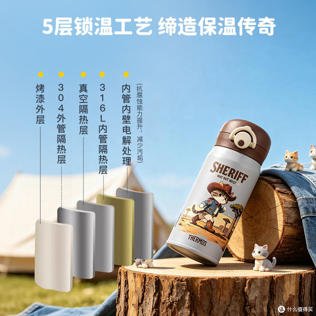 膳魔师牛仔猫保温杯:杯口与开盖方式