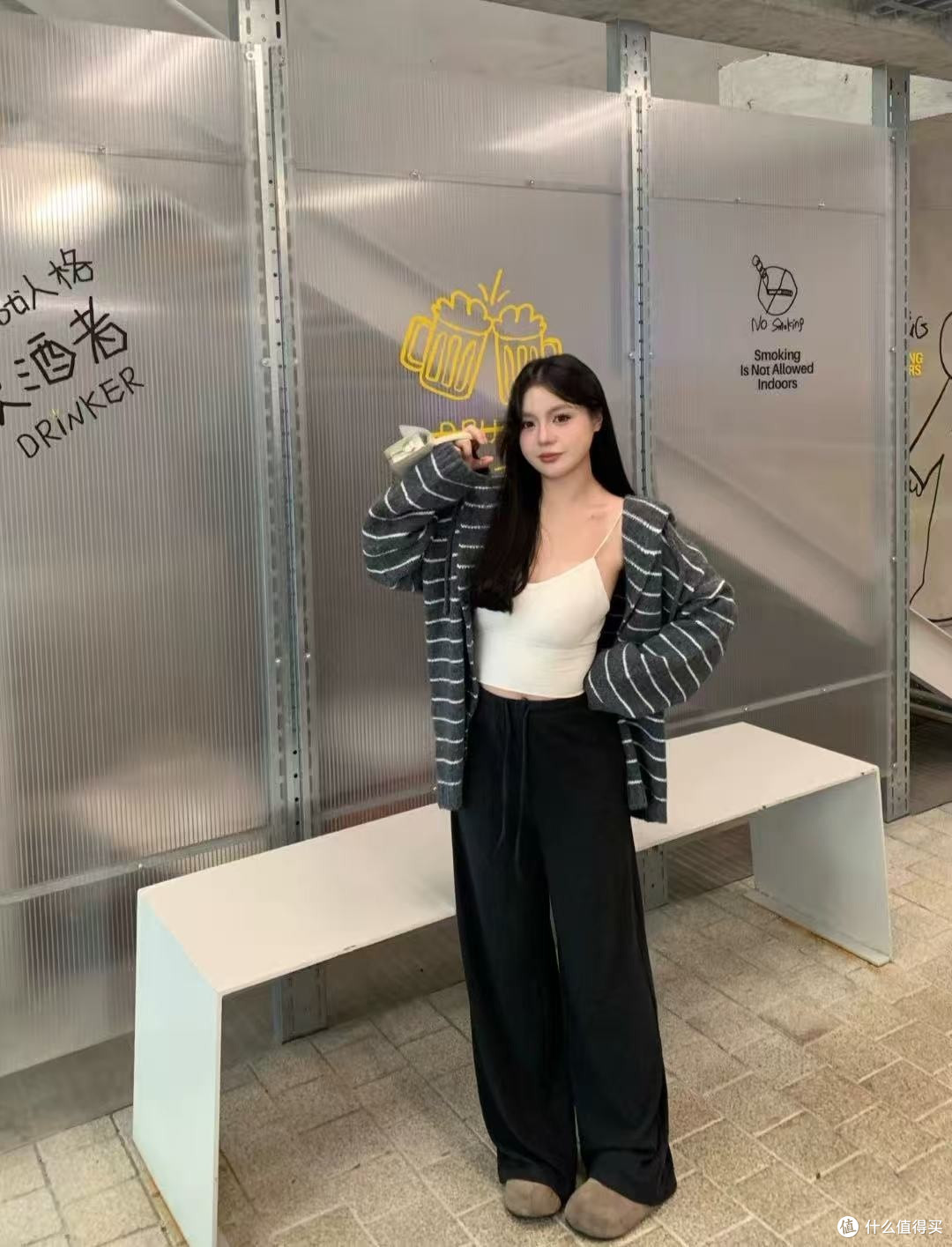 条纹连帽针织开衫男女情侣款宽松线衣