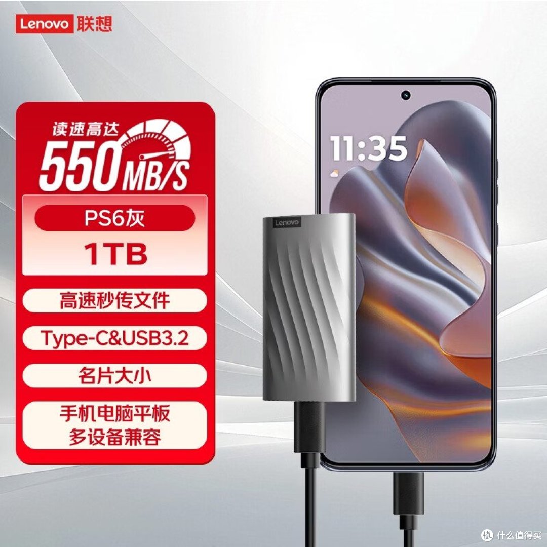 联想 PS6 官方商品图：最大字印「读速高达 550MB/S」，红条标「PS6灰 1TB」，另标「Type-C&USB3.2」「名片大小」「手机电脑平板多设备兼容」