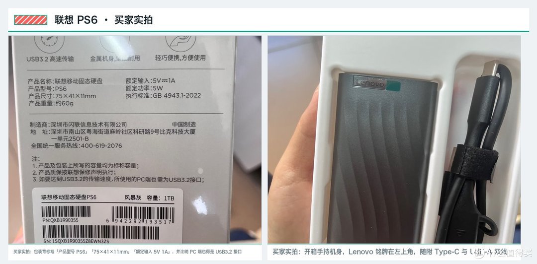 联想 PS6 买家实拍：左为包装背标（产品型号 PS6、75×41×11mm、额定输入 5V 1A，并注明 PC 端也需 USB3.2 接口），右为开箱手持机身，Lenovo 铭牌在左上角